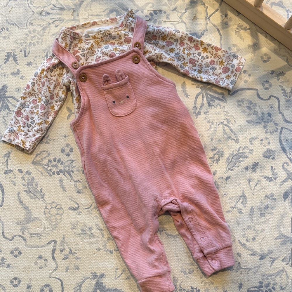 Pink Baby Overalls with Floral Long-Sleeve Bodysuit